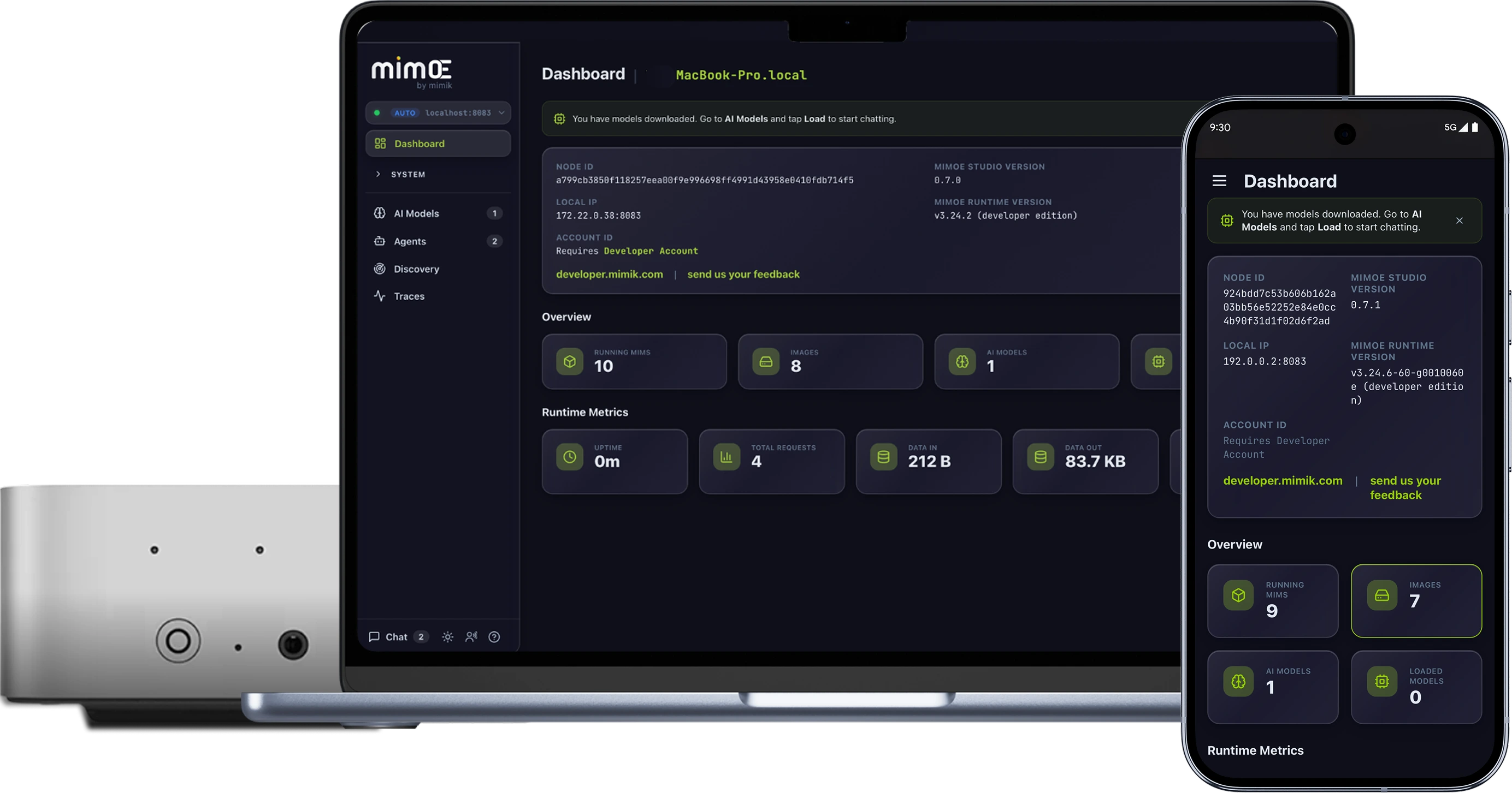 mimOE Studio dashboard shown across desktop and mobile devices
